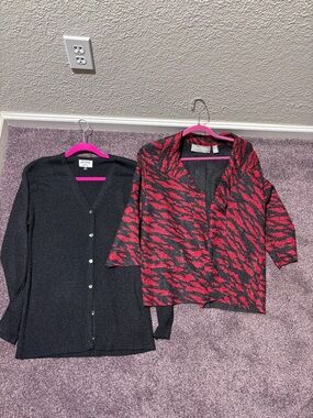 Kasper Black Cardigan with Red & Black Patterned Layer